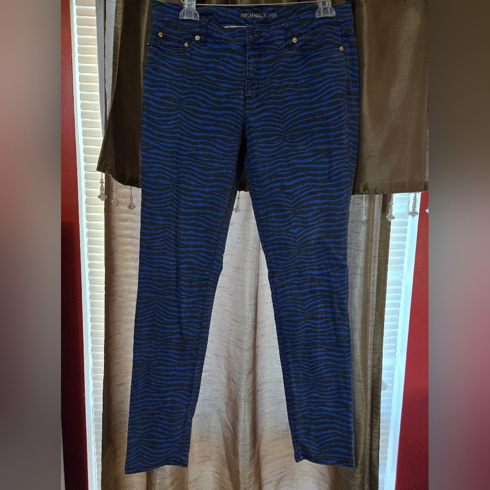 Michael Kors zebra print skinny jeans in blue and black size 10